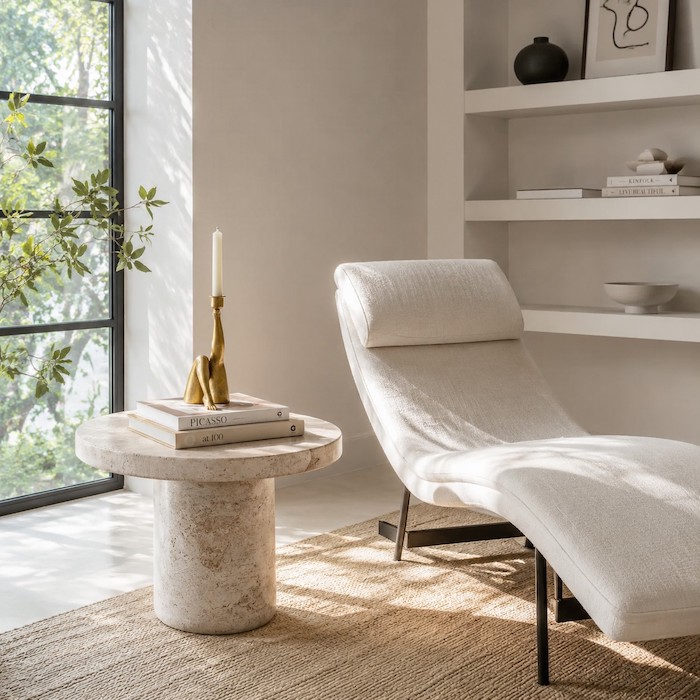 A reading nook corner featuring a bold sculptural side table made of natural stone