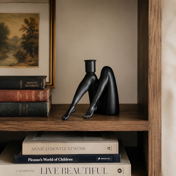 Matte black Quirky Legs candle holder on a budget-friendly styled shelf.