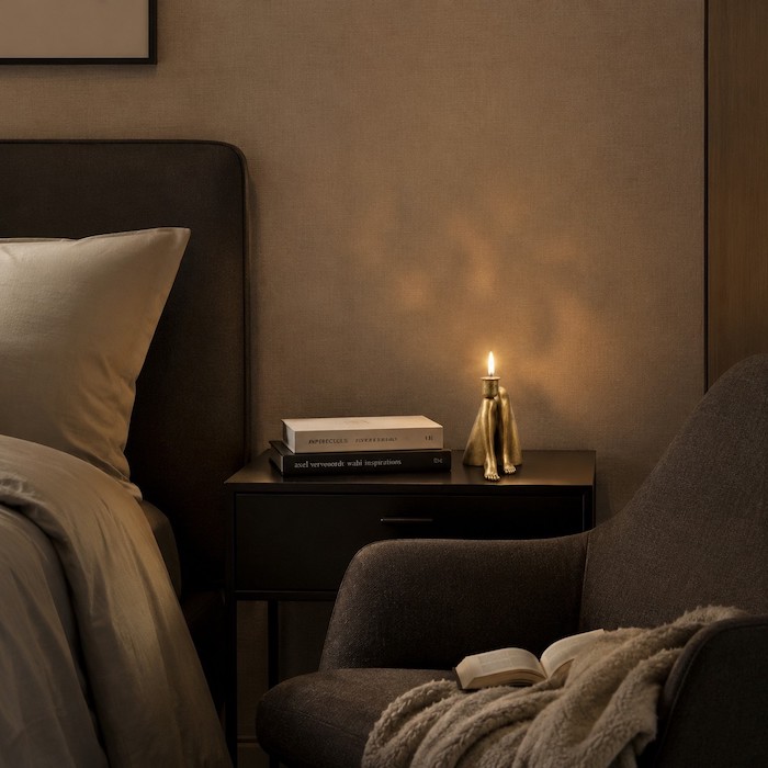 A serene bedroom reading corner with a unique decorative candle holder lit at twilight.