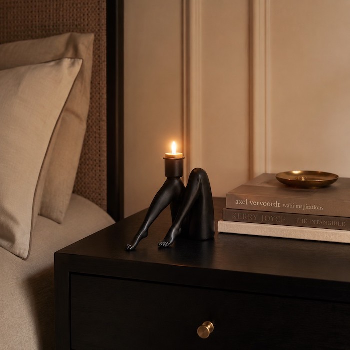 Bedside table styled with books and a quirky human-leg shaped candle holder providing ambient glow.