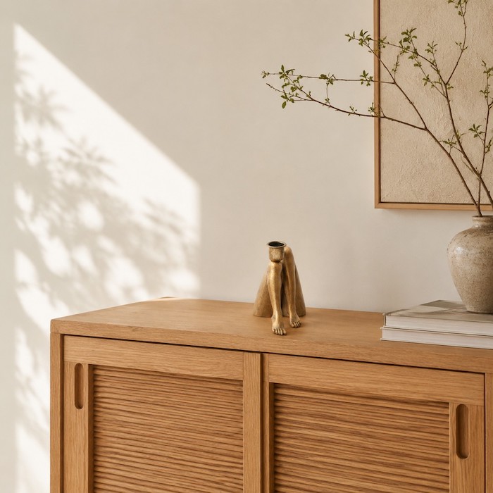 Japandi style sideboard display with a structural statement iron accent