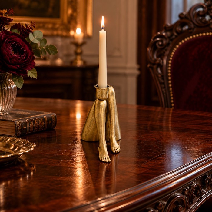Modern quirky candle holder providing contrast on an antique mahogany dining table.