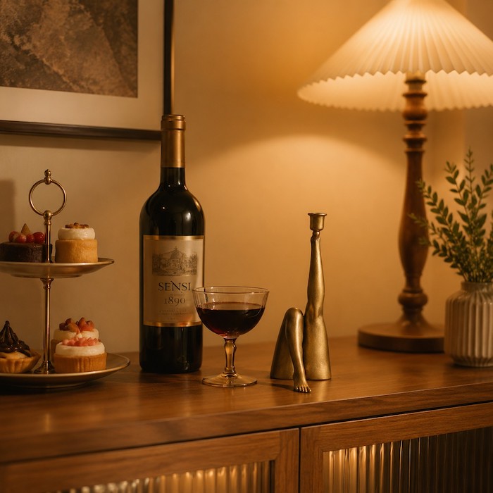 A stylish dining room sideboard decorated with a sculptural candle holder near a dessert display.
