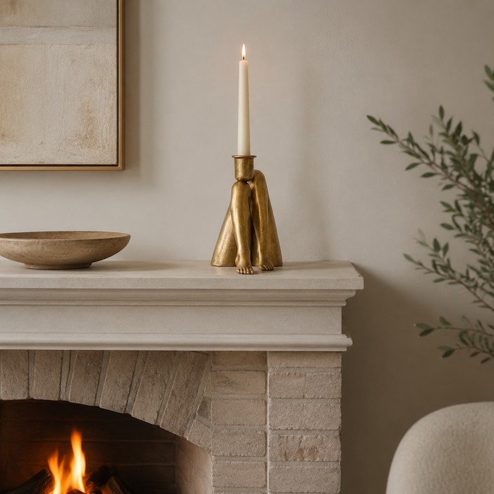 Asymmetric mantelpiece styling featuring a unique leggy candle holder accent
