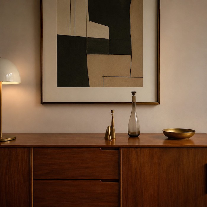 Mid-century modern sideboard decorated with a sculptural figure, a tall vase, and a metallic bowl.