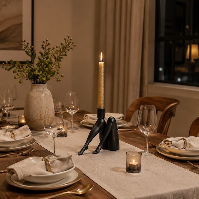 Dining table centerpiece featuring a quirky leg-shaped candle holder with a glowing candle.