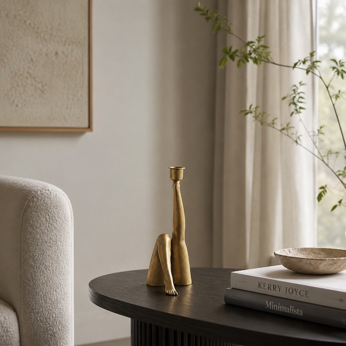 Modern interior design with sculptural human-element decor.