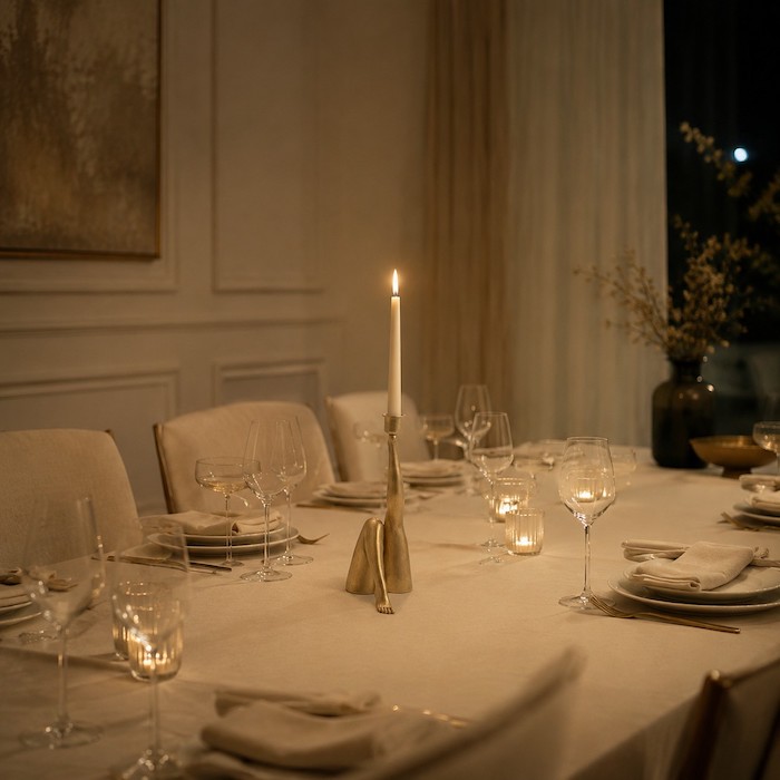 Quirky Legs sculptural candle holder acting as a centerpiece on a rectangular dining table.