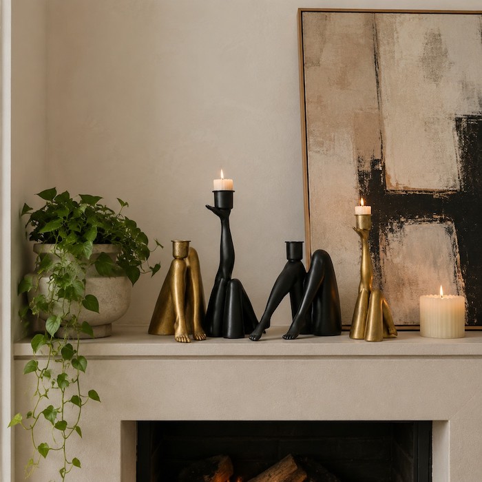Living room mantle styled with a sculptural candle holder, trailing plants, and abstract art.