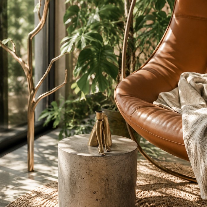 A Biophilic Modern style reading nook with lush plants and an organic-shaped candle holder.