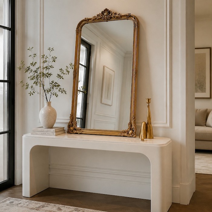 Minimalist console table styled with an ornate vintage mirror and modern sculptural decor.