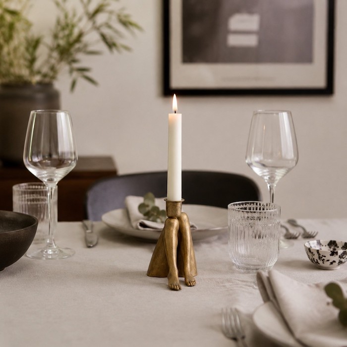 The Quirky Legs Decorative Candle Holder styled beautifully on a dinner party table.