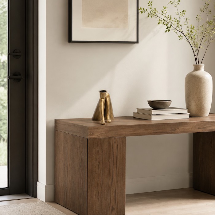 Elegant curved human-form sculpture placed on a square wooden console table.