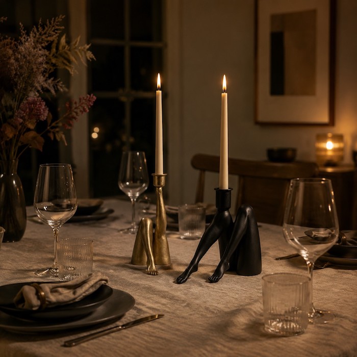 Elegant Quirky Legs candle holder on a dining table.