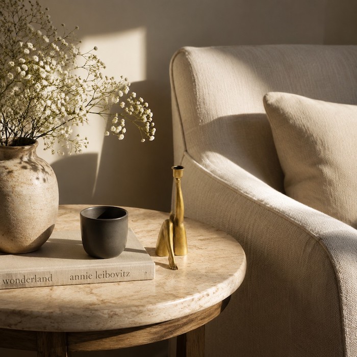 Unique candle holder displayed on a console table behind a sofa.