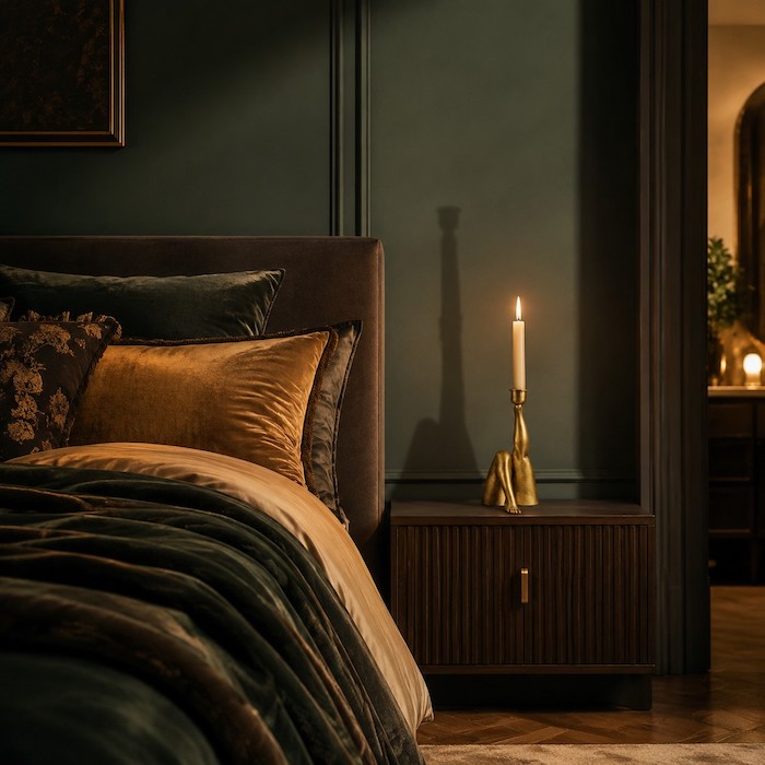 Romantic bedroom setting at night with a glowing sculptural candle holder casting elegant shadows.