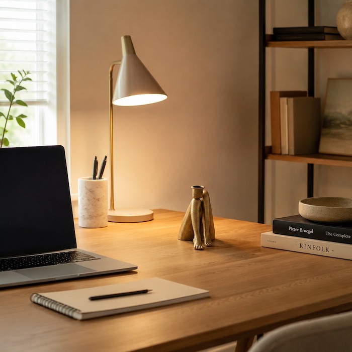 A cozy, well-decorated home office space with subtle decor.
