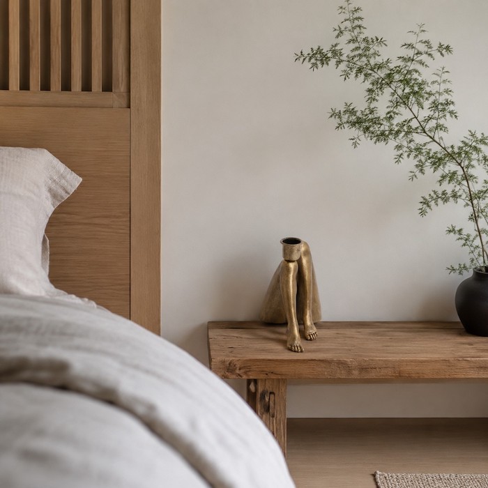 Minimalist Japandi bedroom featuring a matte sculptural decor piece on a low wooden bench.