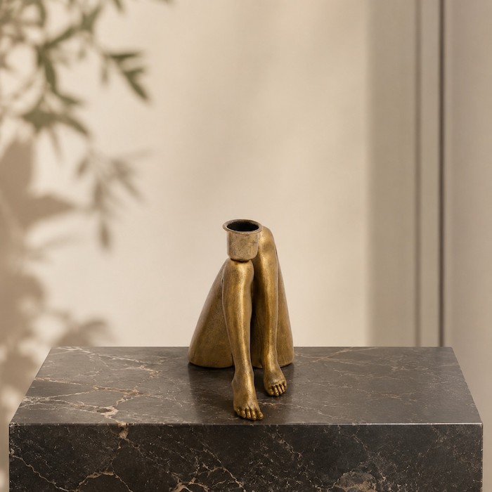 High-end abstract human-form sculptural decor on a stone pedestal.