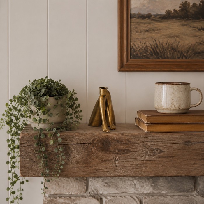 Decorative candle holder resting on a rustic fireplace mantel.