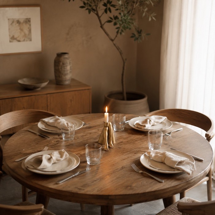A single sculptural candle holder perfectly centered on an intimate round dining table.