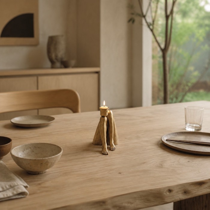A Japandi-style dining area featuring a distinctive sculptural candle holder on a raw wood table.