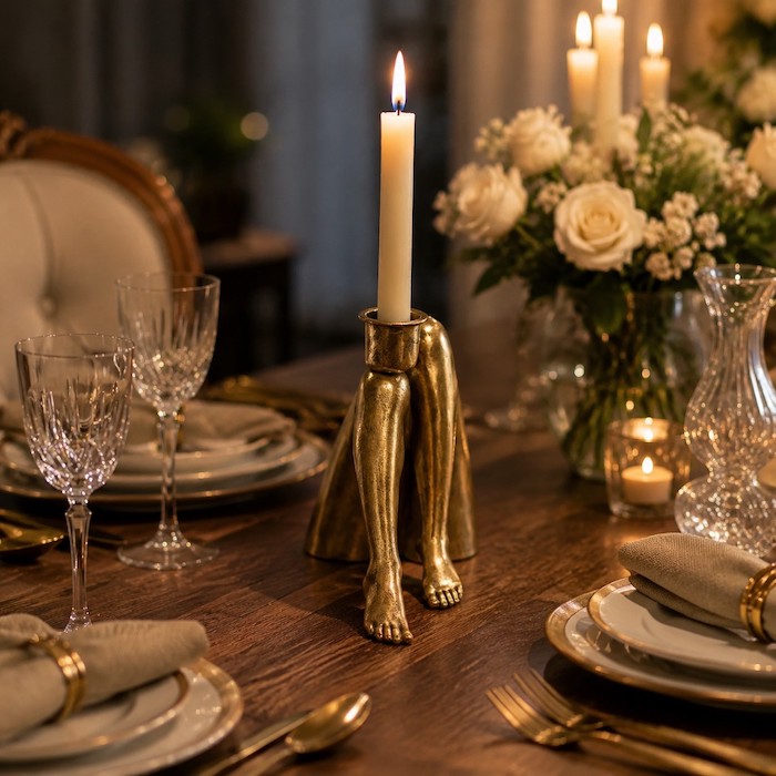 The Quirky Legs Decorative Candle Holder creating an intimate dining centerpiece