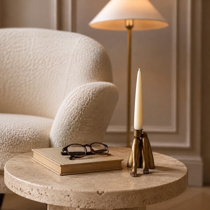 A close shot of a distinctive candle holder on a travertine table.