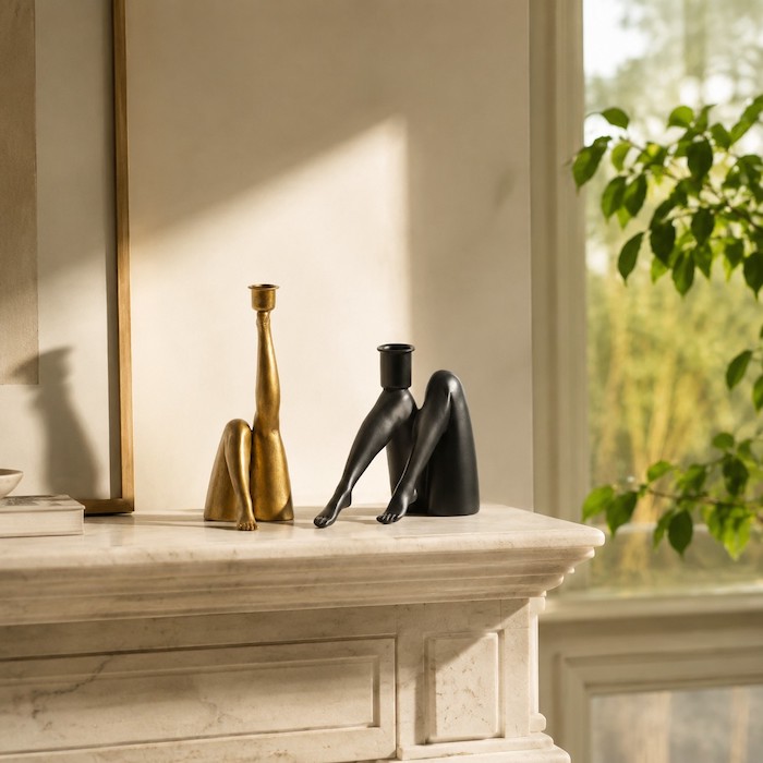 Modern living room showing the interplay between soft light and human-element sculptures.