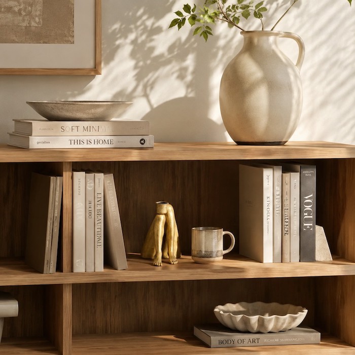 Minimalist bookshelf with unique ceramic sculptural art.