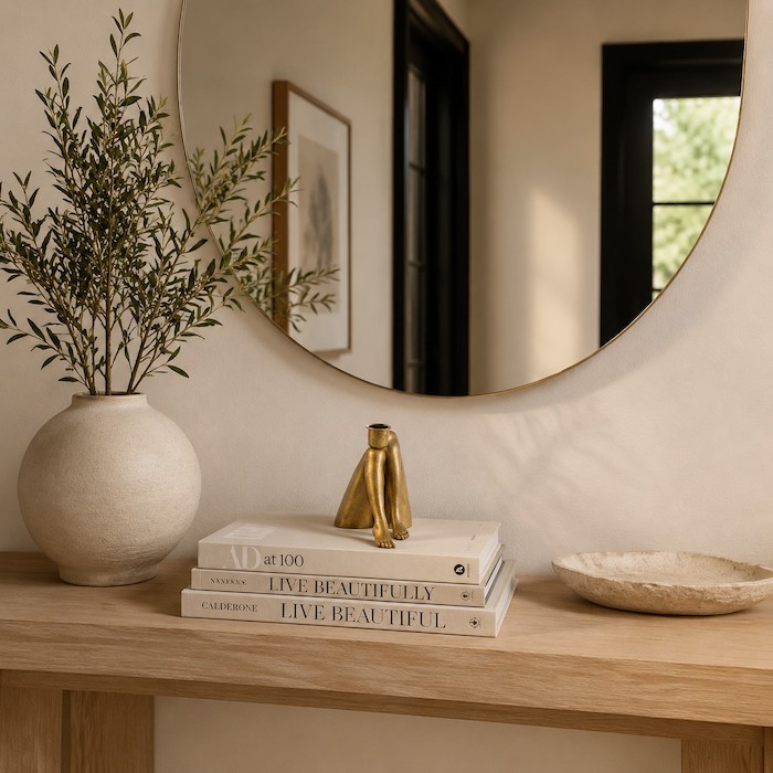 Modern entryway console table styled with abstract human-figure sculptural decor and books.
