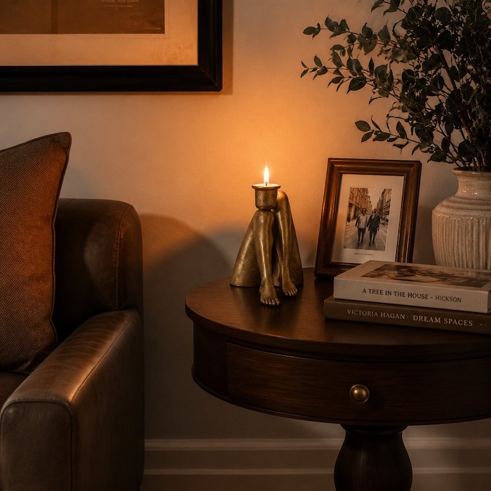 Quirky sculptural candle holder placed on a wooden side table casting warm shadows.