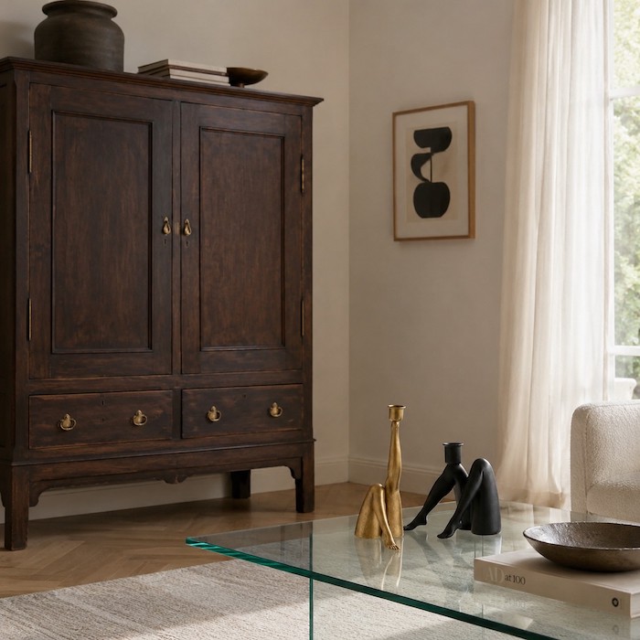 Interior design scene showing the balance between heavy traditional furniture and airy modern elements.