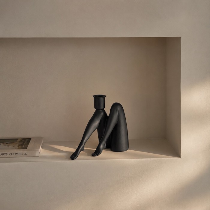 Matte-finish curved sculptural decor contrasting against a rigid minimalist wall.