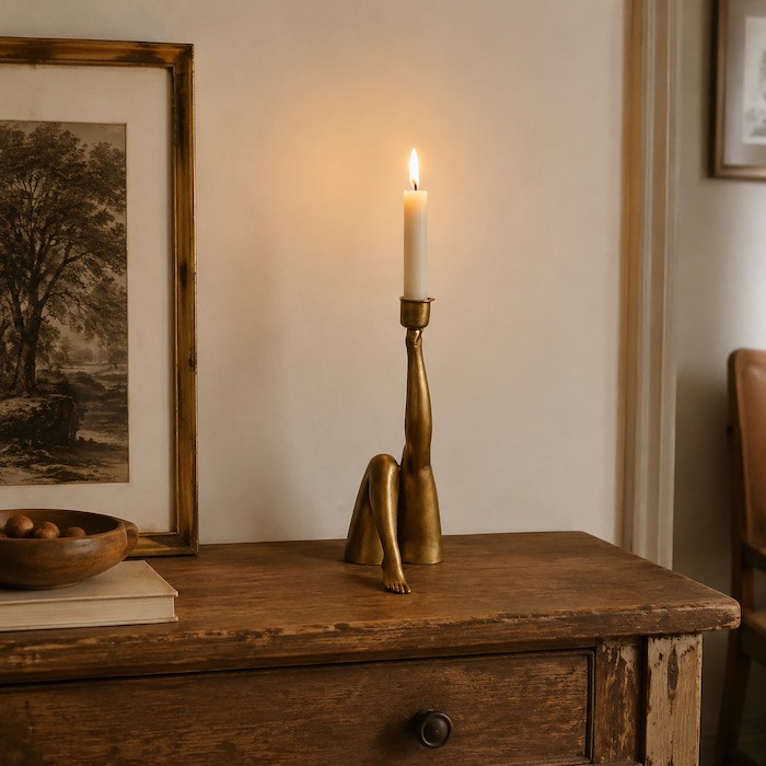 Rustic oak sideboard styled with a sleek, modern human-figure candle holder.