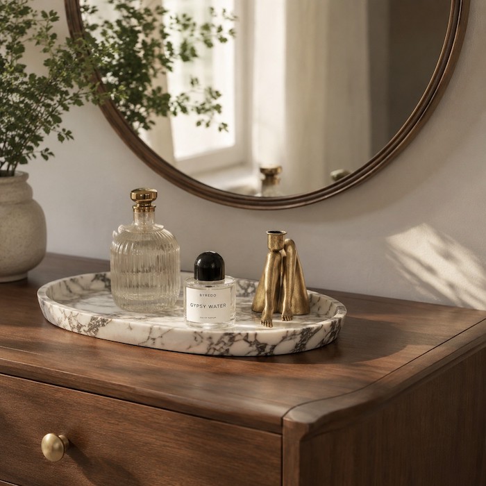 Bedroom dresser styled with a marble vanity tray, perfumes, and a human-figure sculptural decor piece.