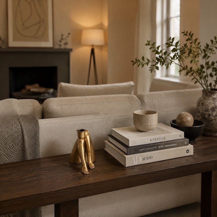 Sculptural candle holder styled on a living room coffee table.
