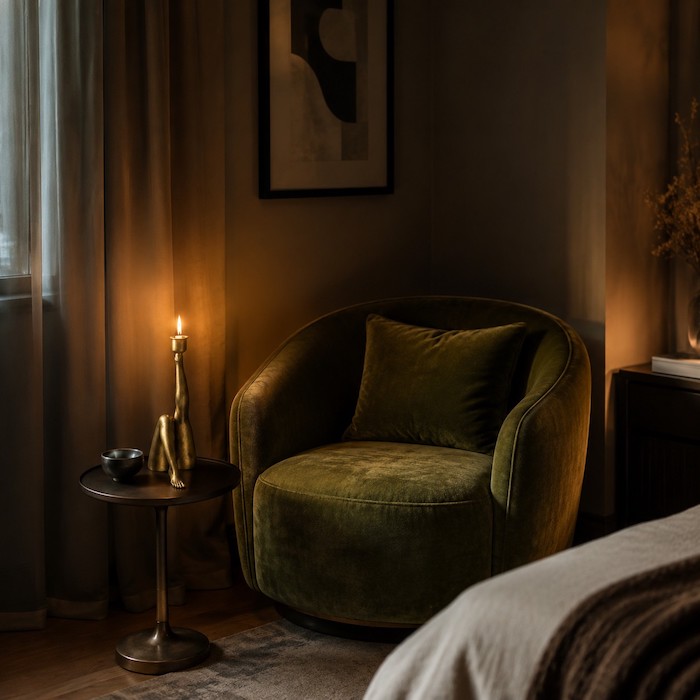 Cozy bedroom reading nook featuring a velvet armchair and a side table with a sculptural candle holder.