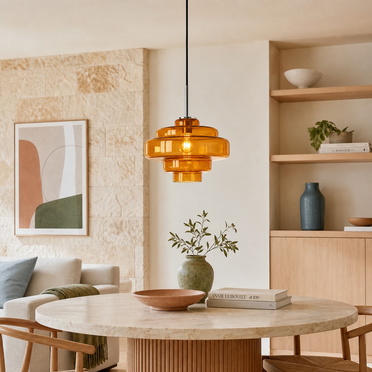 Retro-inspired amber glass lighting paired with contemporary materials.