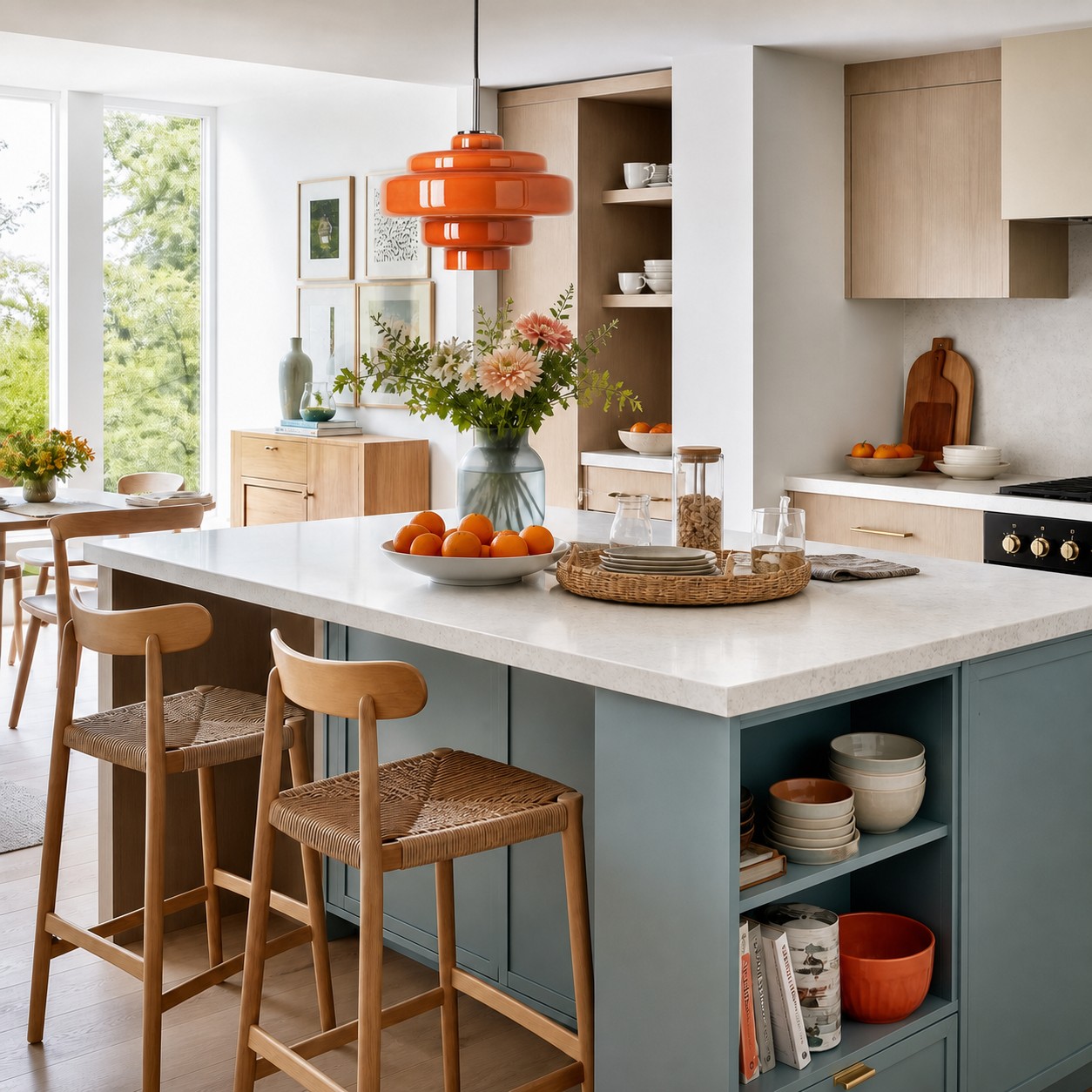 Warm accent lighting balancing out a bright modern neutral kitchen