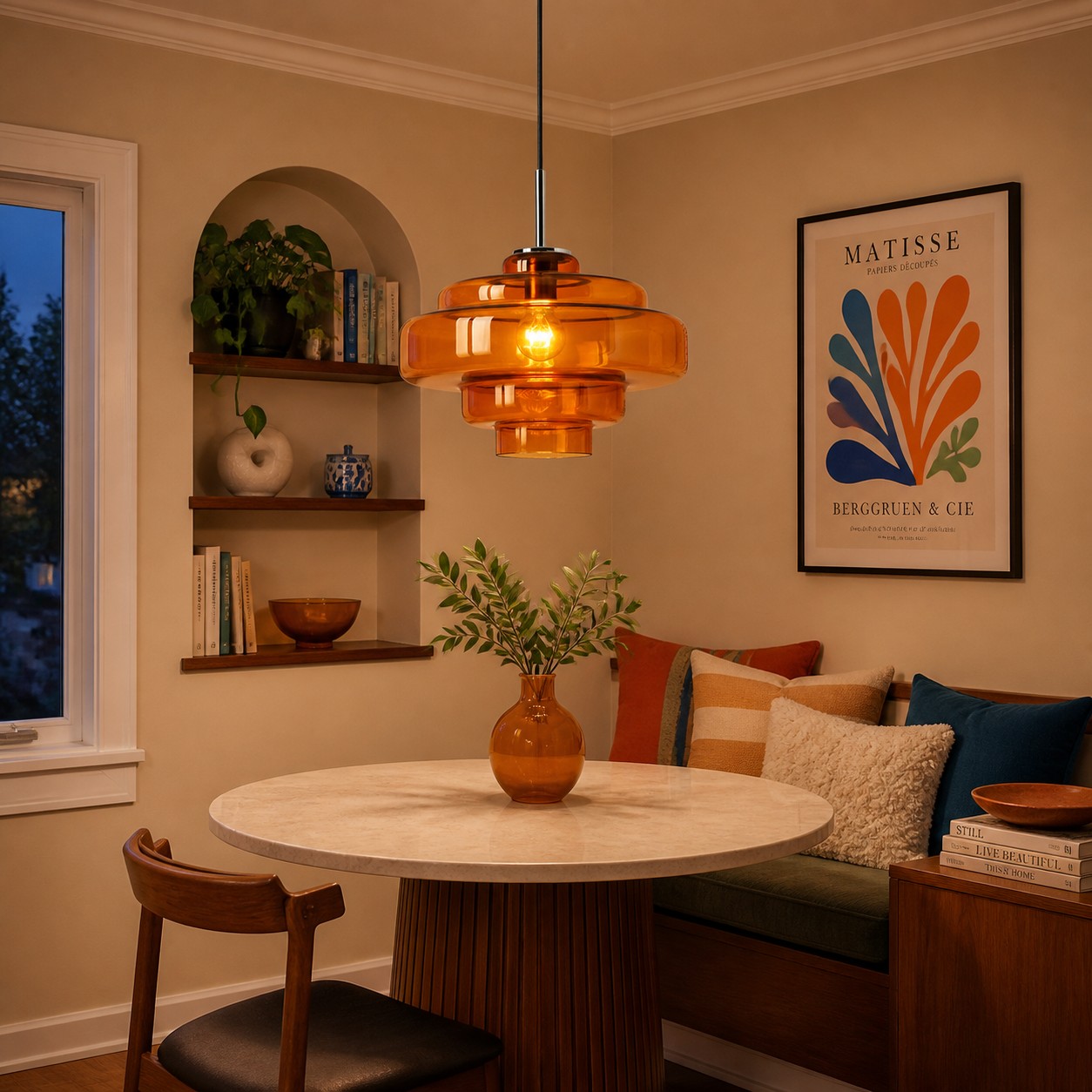 An amber pendant and one matching vase adding controlled colour to a small room.