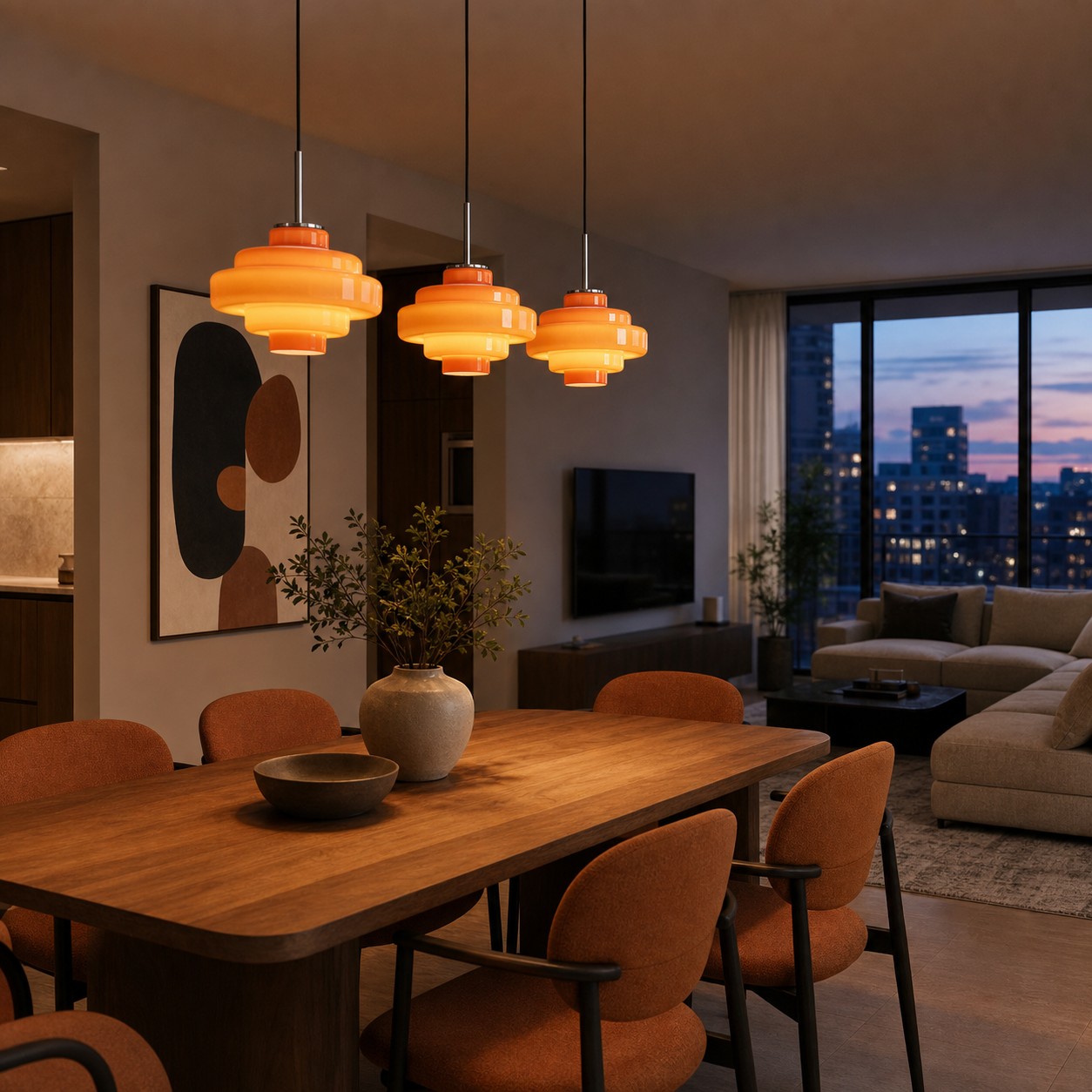 Lit retro glass pendant lamps illuminating an open-plan apartment dining area