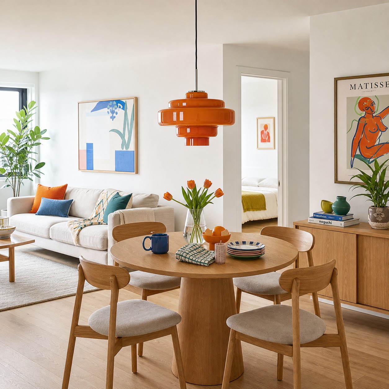 An orange glass pendant marking a dining zone in a small open-plan apartment.
