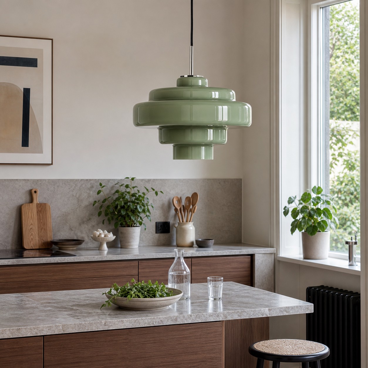 Green glass pendant adding colour to a quiet kitchen.