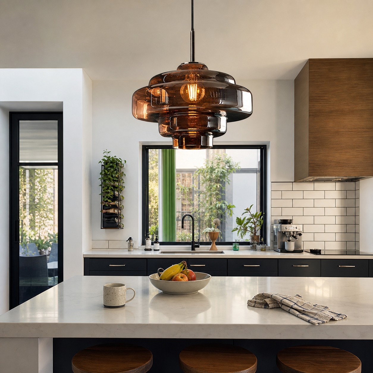 Coloured glass pendant creating a focal point above a kitchen island.