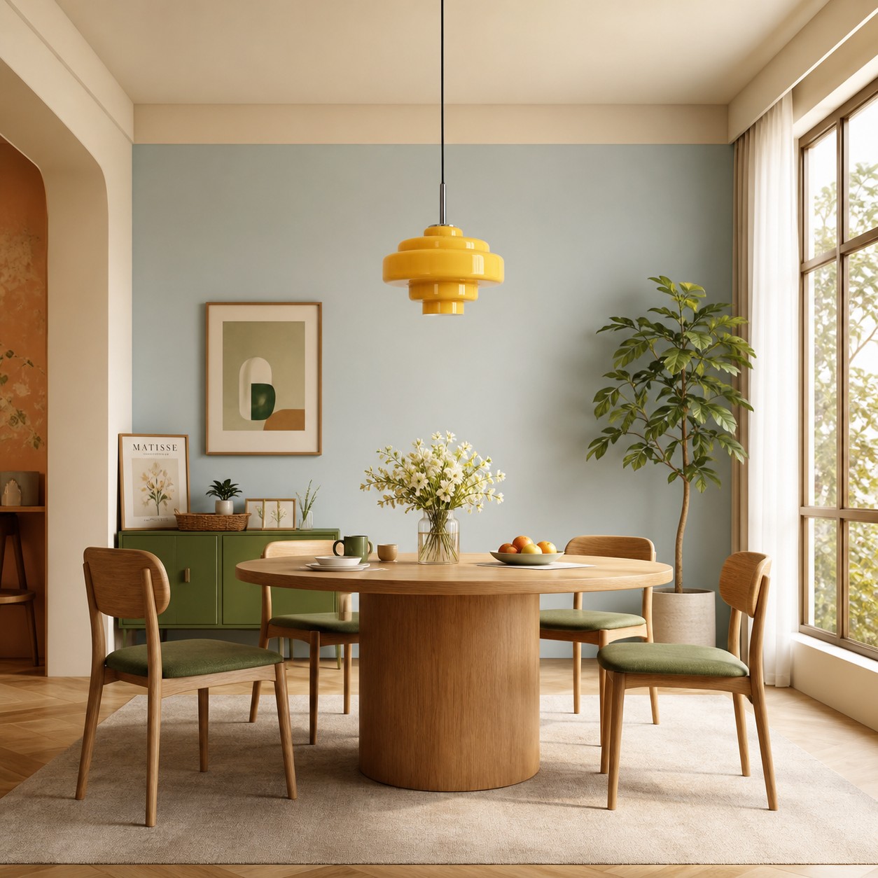 A correctly scaled glass pendant hanging above a compact dining table.