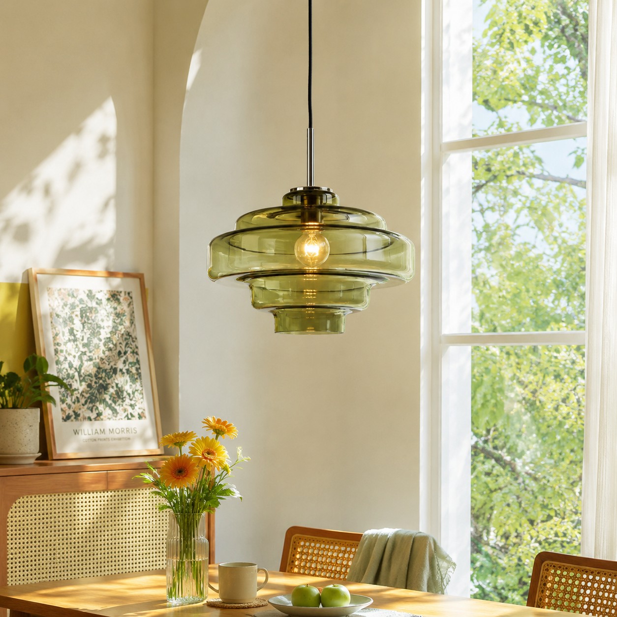 Sunlight filtering through a colorful translucent glass lamp shade