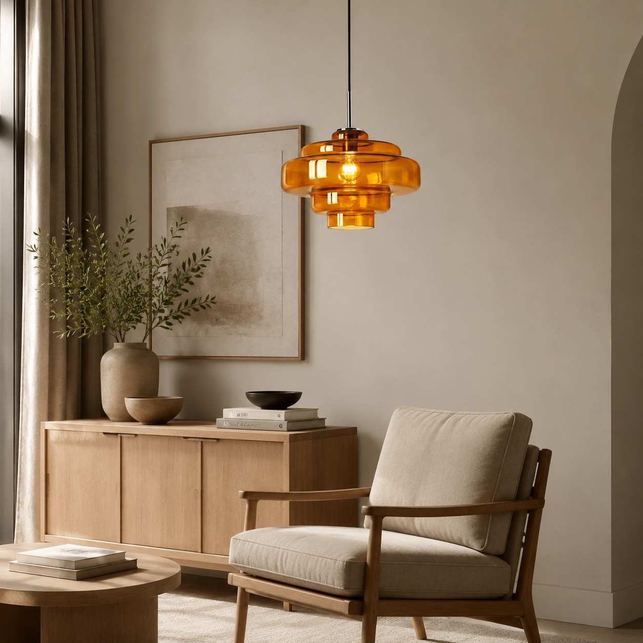 Balanced interior styling showing a colorful glass light fixture against neutral walls