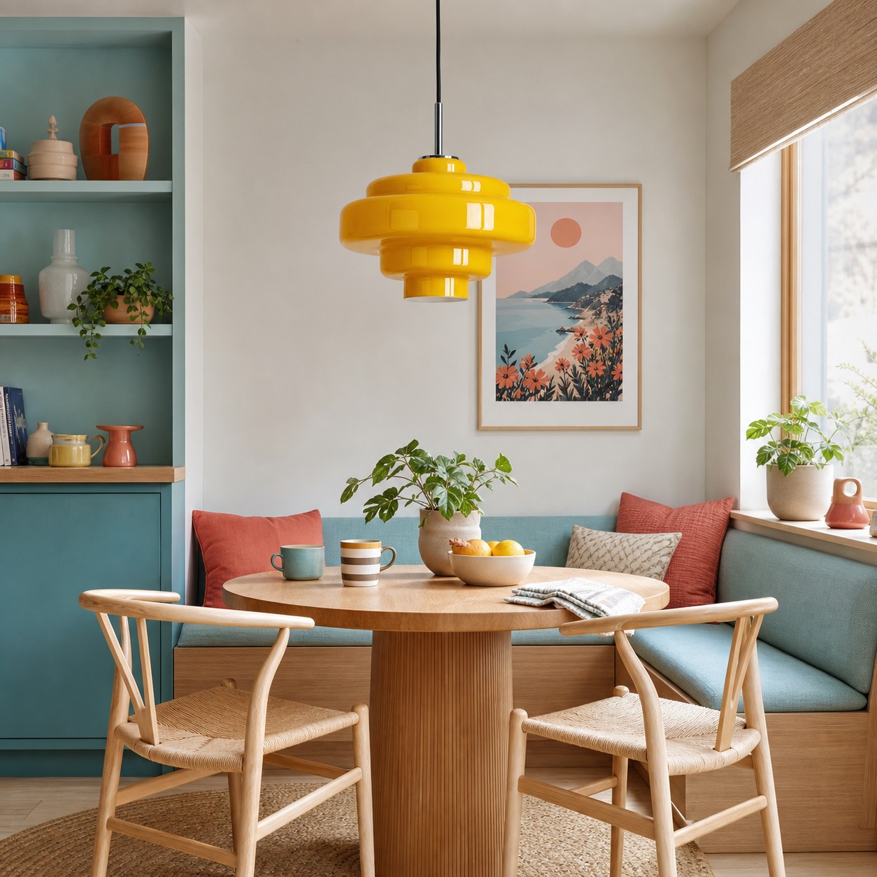 A rounded coloured-glass pendant above a compact modern breakfast table.