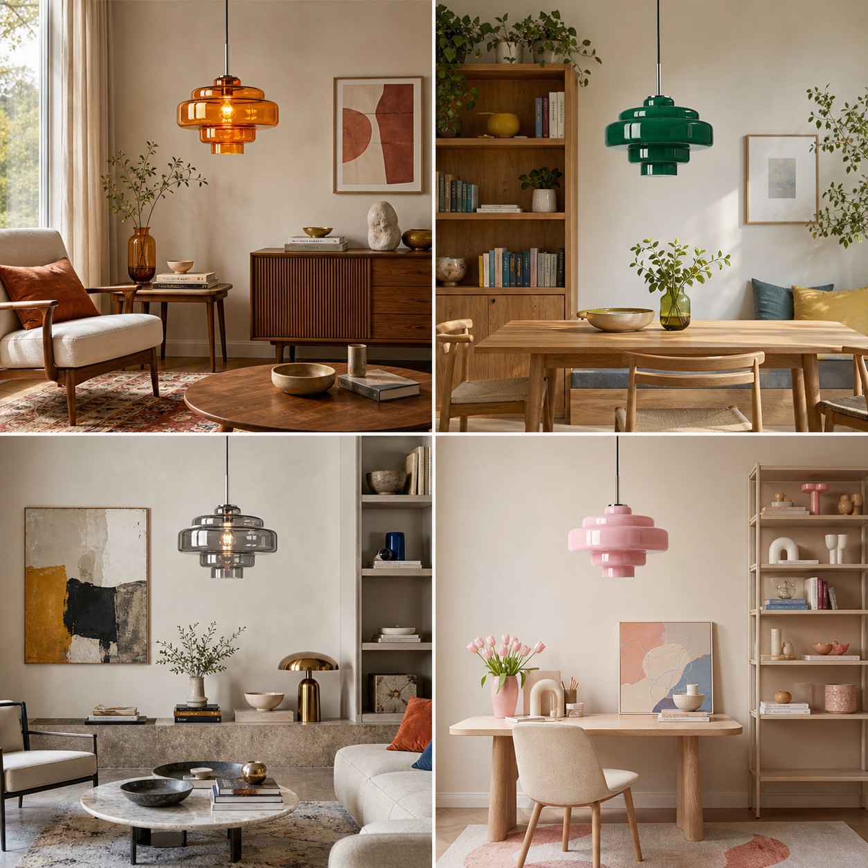 Four coloured-glass pendant palettes suited to different home styles.